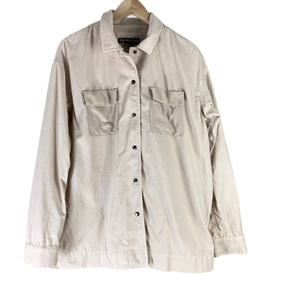 Elizabeth James Size Medium Top Cream Beige Button Front Long Sleeved Silk Trim